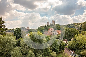 Panorama of the castle ruins Rudelsburg and Saaleck in the landscape and tourist area Saale valley on the river Saale near the