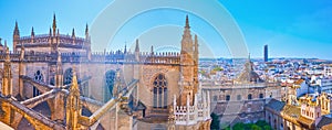 Panorama of Cathedral and city skyline from Giralda Tower, Seville, Spain