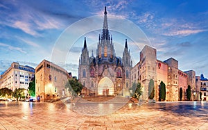 Panorama of Cathedral of the Holy Cross and Saint Eulalia in the Morning, Barri Gothic Quarter, Barcelona, Catalonia photo