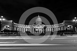 Panorama of Cathedral of Our Lady of Kazan, Russian Orthodox Church in Saint Petersburg, Russia. Black and white