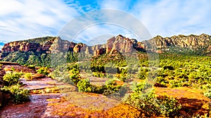 Panorama of Cathedral Rock, a famous red sandstone rock between the Village of Oak Creek and Sedona