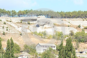 Panorama of the caves and walls. Chufut Kale. Bakhchysaray. Crimea.