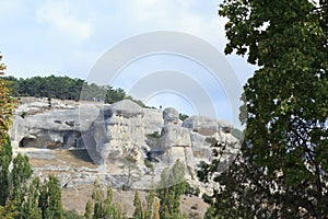 Panorama of the caves and walls. Chufut Kale. Bakhchysaray. Crimea.