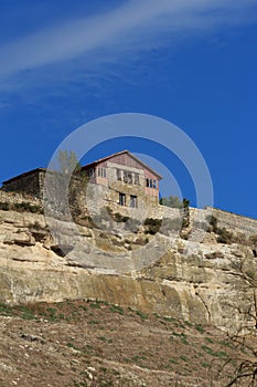 Panorama of the caves and walls. Chufut Kale. Bakhchysaray. Crimea.