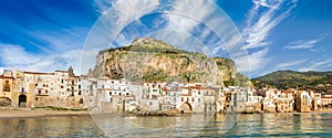 Panorama of Cefalu, city on Tyrrhenian coast of Sicily, Italy