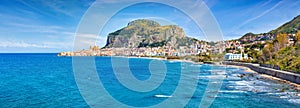 Panorama of Cefalu, city on Tyrrhenian coast of Sicily, Italy