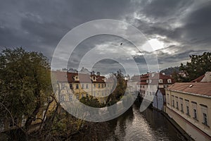 Panorama of the Certovka river in Mala Strana district, in the old town of Prague Czech Republic, a major touristic landmark.