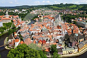Panorama Cesky Krumlov. A beautiful and colorful amazing historical Czech town. The city is UNESCO World Heritage Site on Vltava