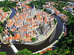 Panorama of Cesky Krumlov, Czech Republic. Red roofs and old med