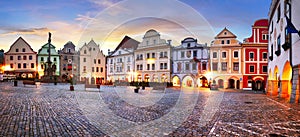 Panorama of Cesky Krumlov square at night, Czech republic