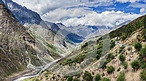 Panorama of Chandra river in Lahaul valley in Himalayas