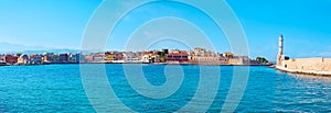 Panorama of Chania marina with Firkas Fortress and Venetian lighthouse, Crete, Greece