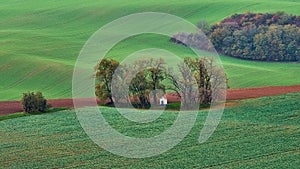 Panorama of the chapel st. Barbara on Moravian fields during autumn time, Kyjov Czech Republic.