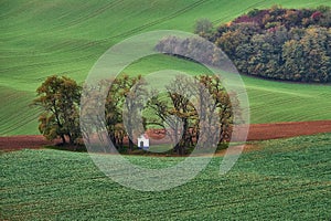 Panorama of the chapel st. Barbara on South Moravian fields during autumn time, Kyjov Czech Republic.