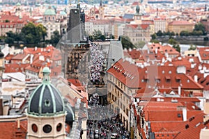 Panorama of the Charles Bridge with people, tilt-shift effect