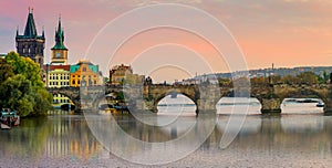 Panorama of Charles bridge in Prague, Czech republic, Europe