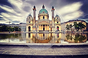 Panorama Charles`s Church, Karlskirche in Vienna, Austria.