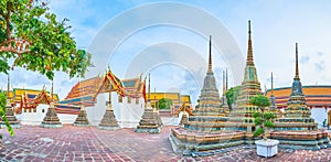 Panorama of chedis of Wat Pho temple in Bangkok, Thailand