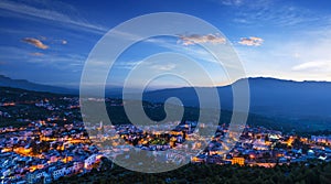 Panorama of Chefchaouen with buildings painted in blue color, Mo