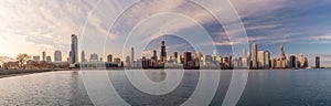 Panorama Chicago downtown skyline sunset Lake Michigan with most Iconic building from Adler Planetarium