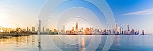 Panorama Chicago downtown skyline sunset Lake Michigan with most Iconic building from Adler Planetarium, Illinois