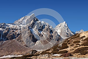Panorama of Cholatse and Taboche mountain in Sagarmatha National Park, Everest region, Nepal
