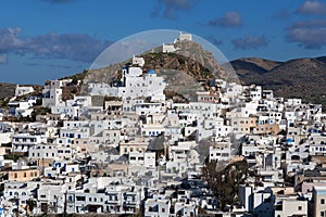 Panorama of Chora town, the capital of Ios island, Cyclades, Greece