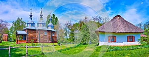 Panorama of the church and hata house, Pereiaslav Scansen, Ukraine