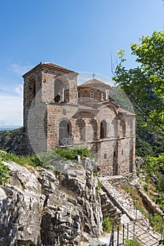 Panorama of Church of the Holy Mother of God in Asen`s Fortress and Rhodopes mountain, Asenovgrad, Bulgaria