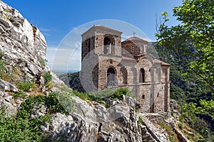 Panorama of Church of the Holy Mother of God in Asen`s Fortress and Rhodopes mountain, Asenovgrad, Bulgaria