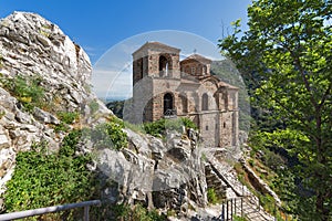 Panorama of Church of the Holy Mother of God in Asen`s Fortress and Rhodopes mountain, Asenovgrad, Bulgaria