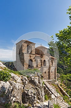 Panorama of Church of the Holy Mother of God in Asen`s Fortress and Rhodopes mountain, Asenovgrad, Bulgaria