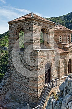 Panorama of Church of the Holy Mother of God in Asen`s Fortress and Rhodopes mountain, Asenovgrad, Bulgaria