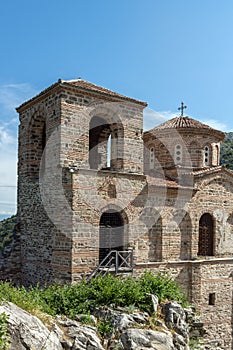 Panorama of Church of the Holy Mother of God in Asen`s Fortress and Rhodopes mountain, Asenovgrad, Bulgaria