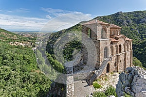 Panorama of Church of the Holy Mother of God in Asen`s Fortress and Rhodopes mountain, Asenovgrad, Bulgaria