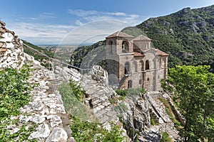 Panorama of Church of the Holy Mother of God in Asen`s Fortress and Rhodopes mountain, Asenovgrad, Bulgaria