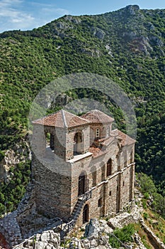 Panorama of Church of the Holy Mother of God in Asen`s Fortress and Rhodopes mountain, Asenovgrad, Bulgaria