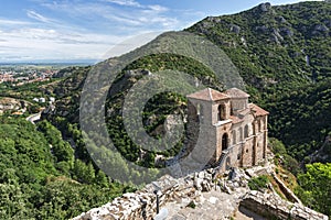 Panorama of Church of the Holy Mother of God in Asen`s Fortress and Rhodopes mountain, Asenovgrad, Bulgaria