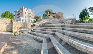 Panorama of the Church of St John Aliturgetos and the Ancient Theatre in Nessebar ancient city on the Bulgarian Black Sea Coast.