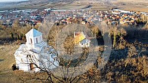 Panorama, church and village painted by drone