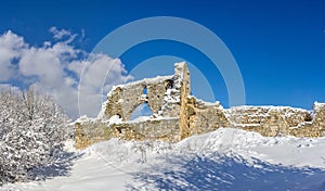 Panorama citadel of he ancient cave city of Mangup-Kale in the snow