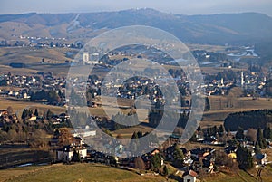 Panorama of the city of Asiago in Northern Italy with the monume photo