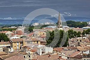 Panorama of the city of Avignon with a bell tower of a medieval church