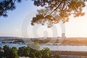 Panorama of the city of Belgrade and the Danube River on a summer evening
