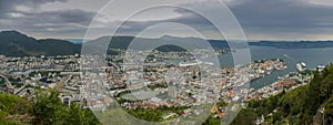 Panorama of the city Bergen, capital of the fjords norway, urban landscape from a natural park located on a mountain