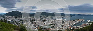 Panorama of the city Bergen, capital of the fjords norway, urban landscape from a natural park located on a mountain