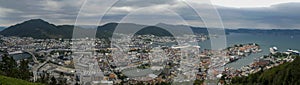 Panorama of the city Bergen, capital of the fjords norway, urban landscape from a natural park located on a mountain