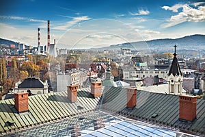 Panorama of city Bielsko-Biala. Visible CHP, and m