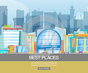 Panorama city building vector illustration. Modern shopping center with city mall emporium, art gallery. Building with