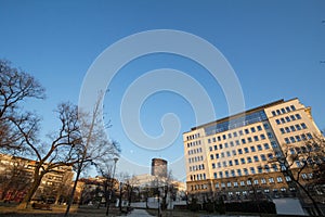 Panorama of the city center of Belgrade, Serbia, with the skyline of high rise towers seen from the Manjez Park